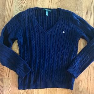 Ralph Lauren Navy Cable Knit V-Neck Sweater